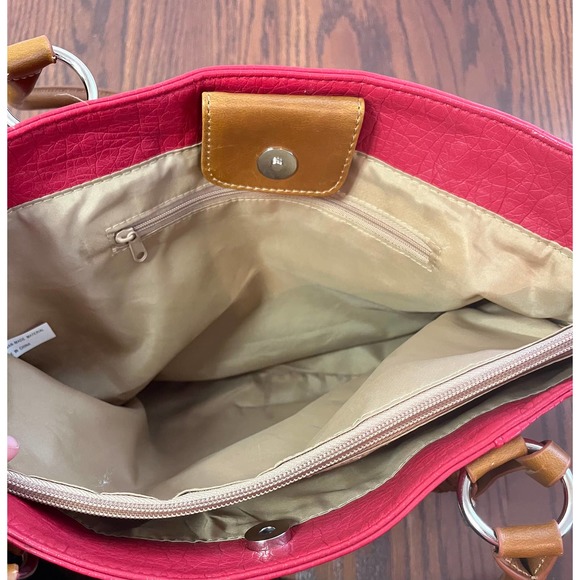 Red Purse Brown Straps Satchel Hand Bag Braided accents Pockets - Picture 8 of 8